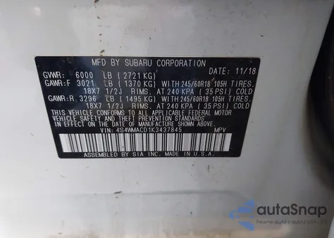 2019 Subaru Ascent Premium from USA, damaged, VIN 4S4WMACD1K3437845